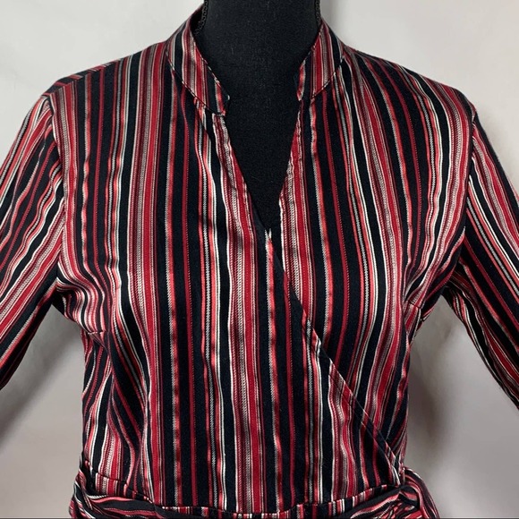 Apt. 9 Red Black Stripe V Neck Tie Waist Long Sleeve Faux Wrap Blouse Size M - Picture 5 of 8
